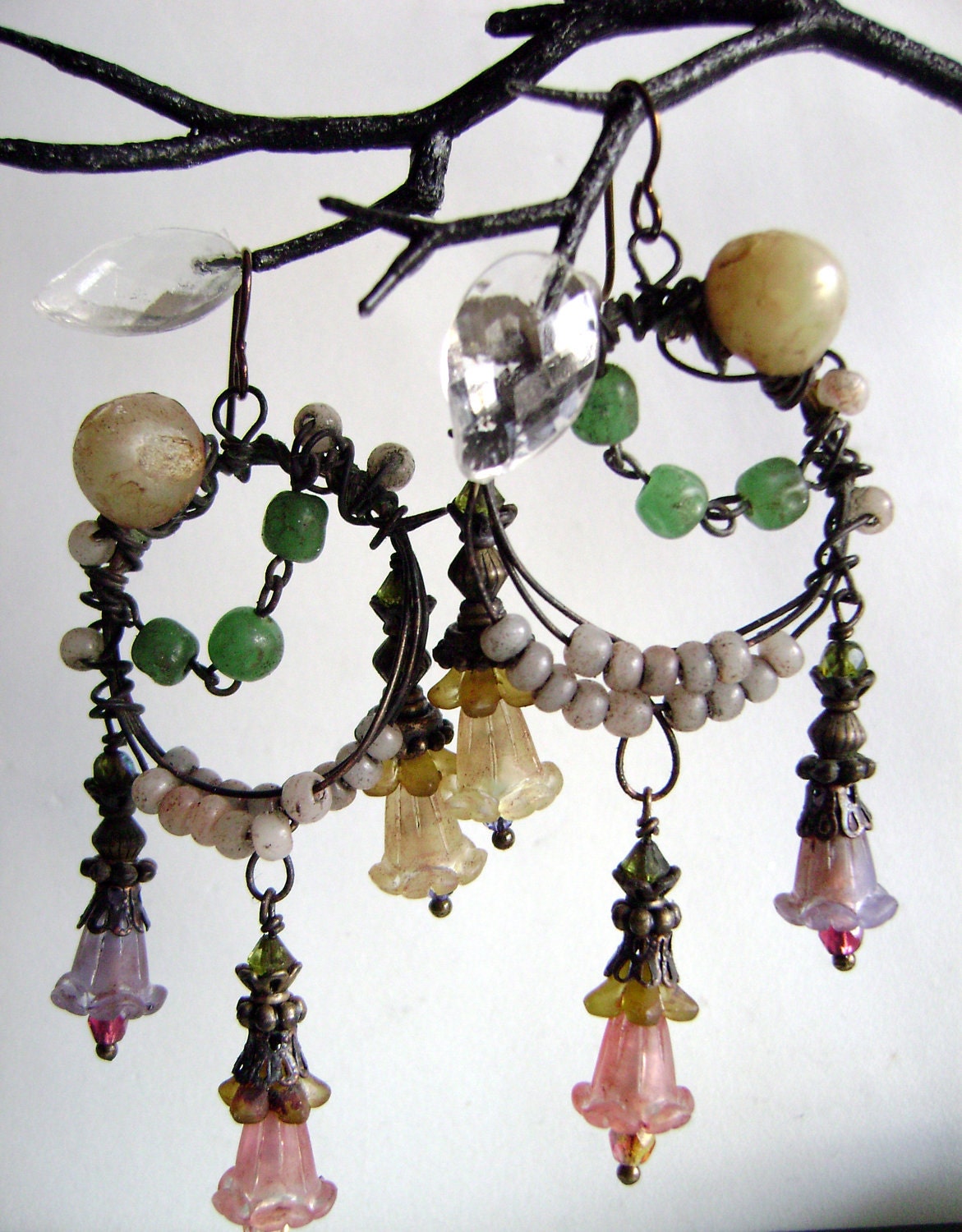 Spring Fever assemblage earrings with lucite blossoms,  beaded hoops and vintage chain by Anvil Artifacts