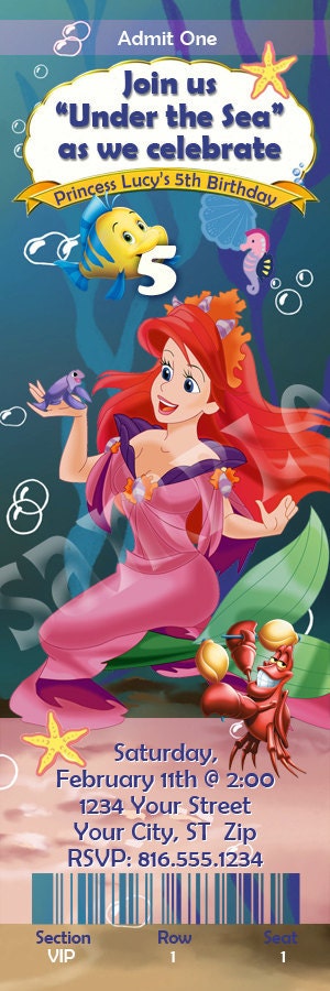 LITTLE MERMAID Birthday Party Invitation Tickets