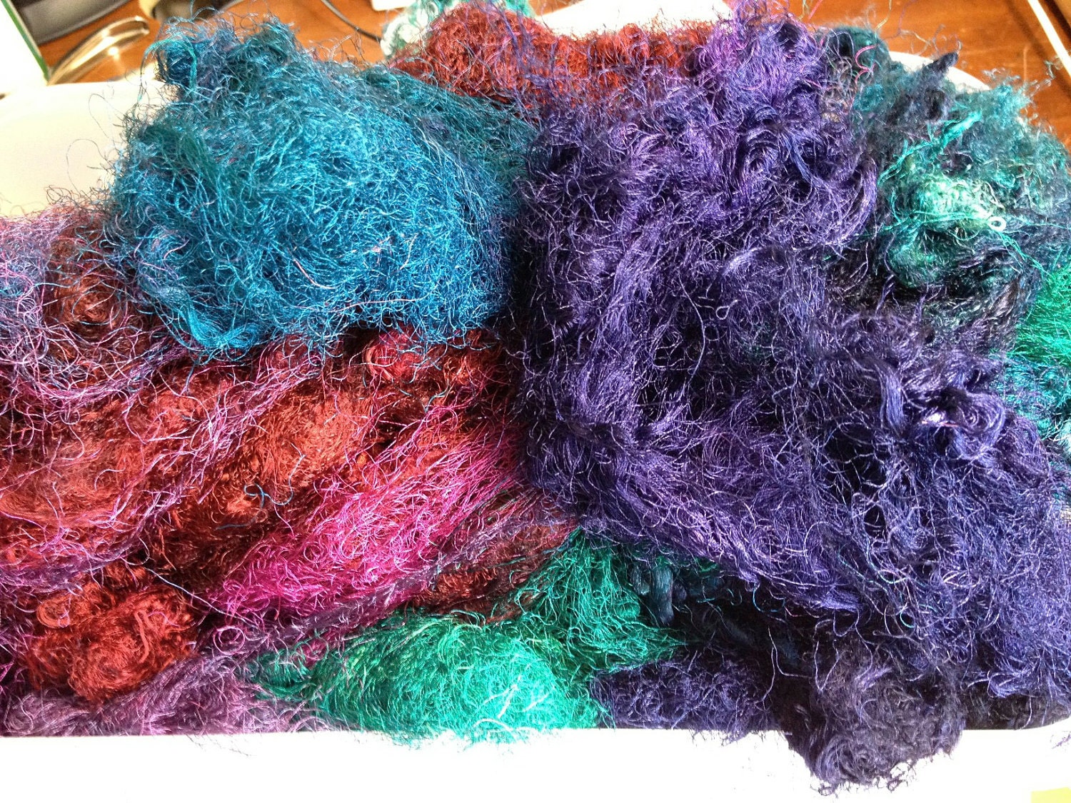 Sari Silk threads 1oz Multicolor Pack Spinning Felting Carding Red Purple Teal Green