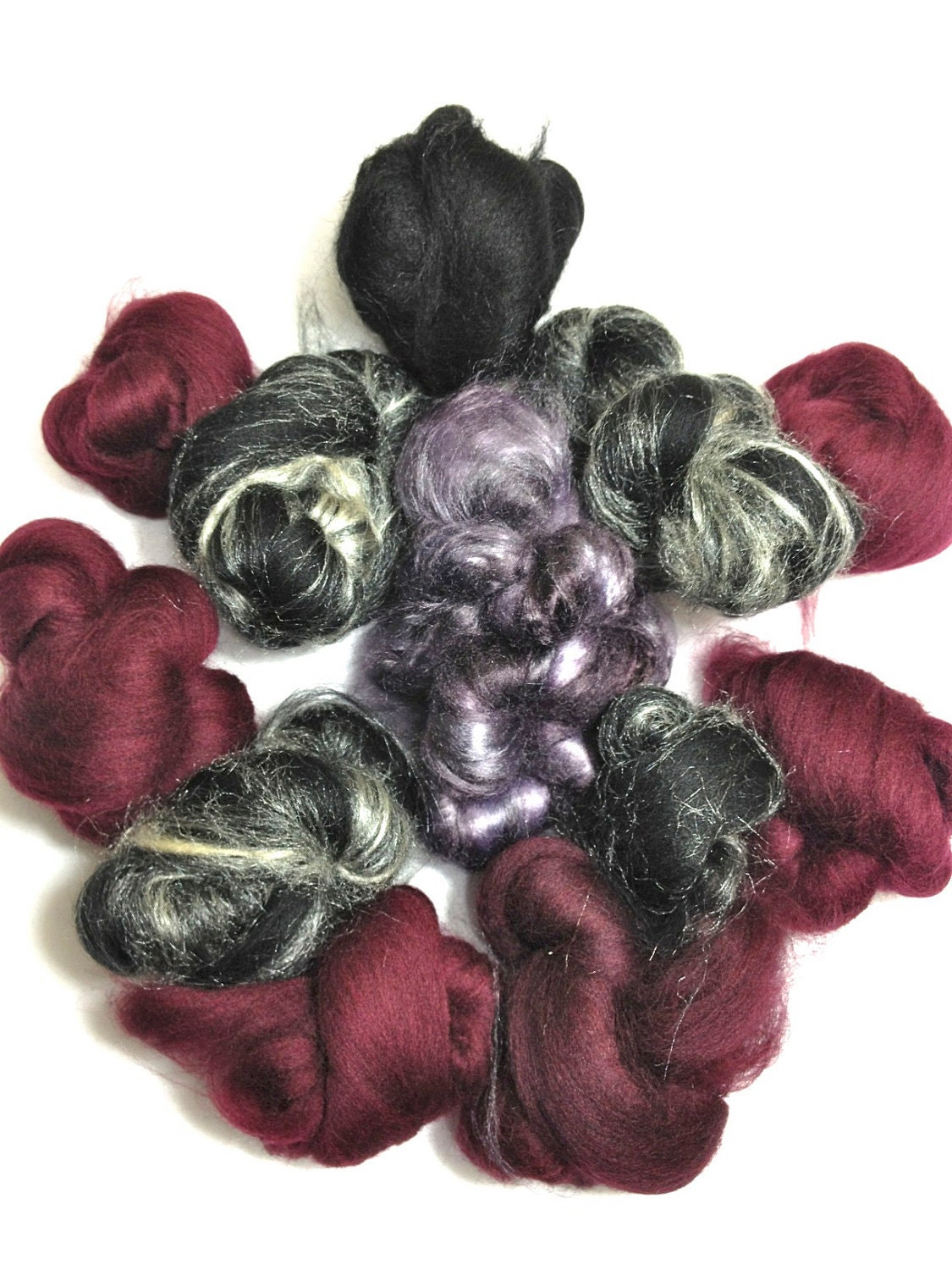4oz "Oh For the Love of Goth" Batt Bites Burgundy Black Wool Merino Silk Bamboo