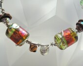 Spring Green & Bronze Wire Wrapped Lampwork Bead Sterling Silver Bracelet