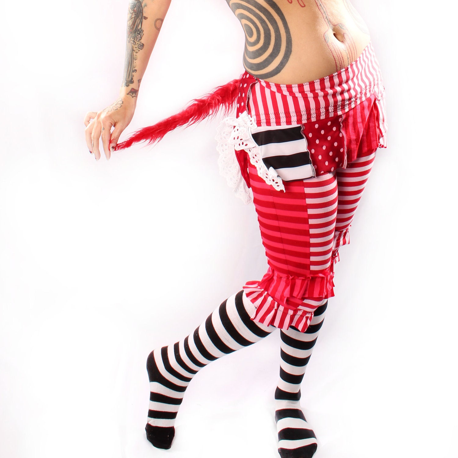 Circus Mini Skirt, Red Furry Tail red pink black white Carnival Stripe Polka Dots, Pocket short skirt Anime Cosplay Wild One unique OOAK