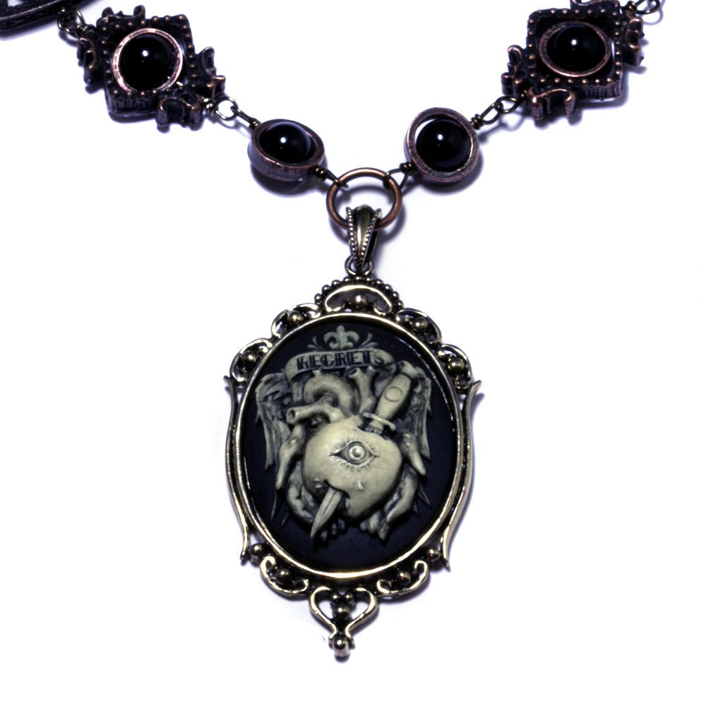 Steampunk Goth Jewelry - Necklace - Ivory on Black Regrets / Sorrow Cameo