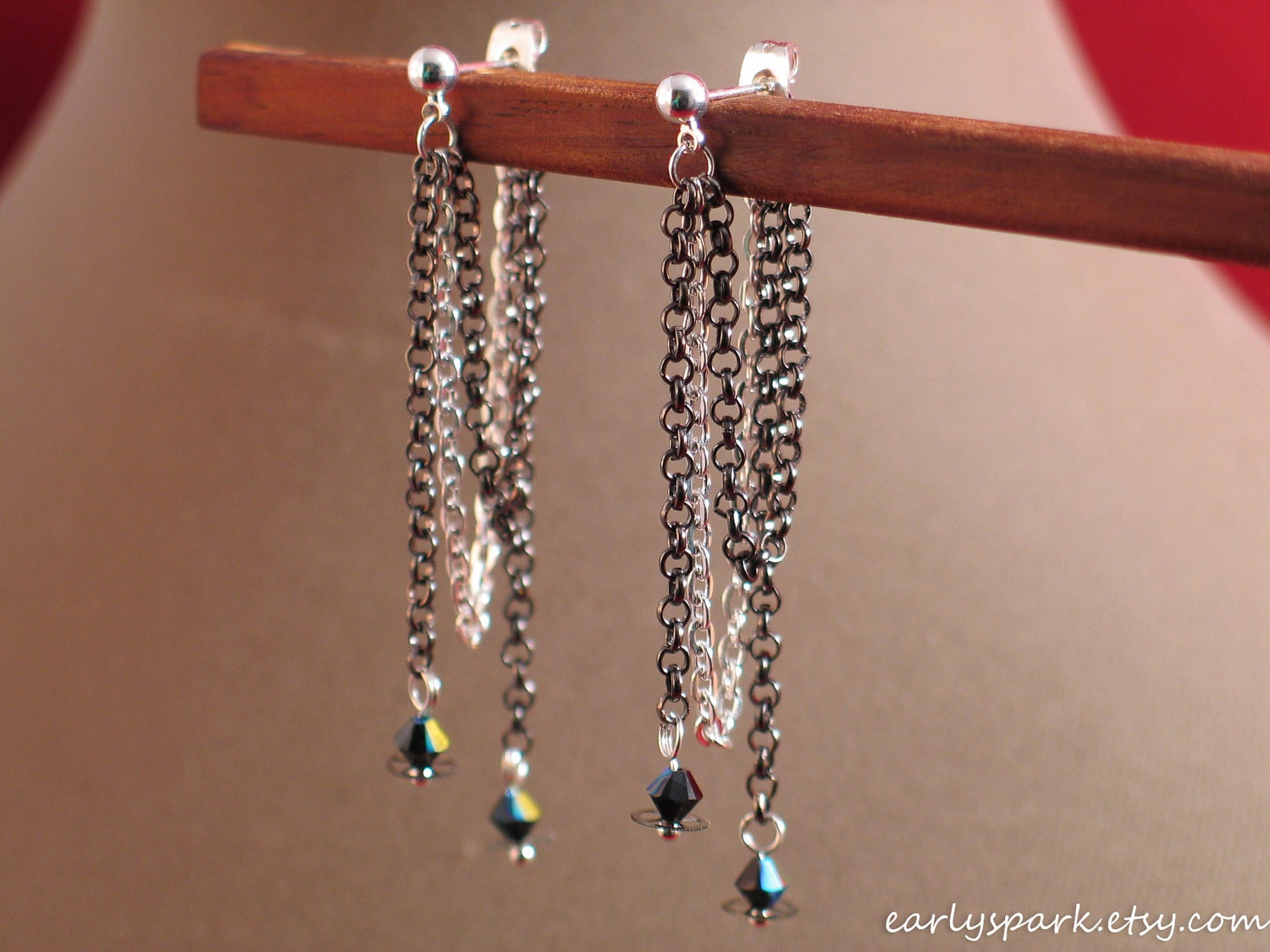 Looped Chain Earrings with Gears and Black Beads, Steampunk Earrings, Coppertronic Jewelry