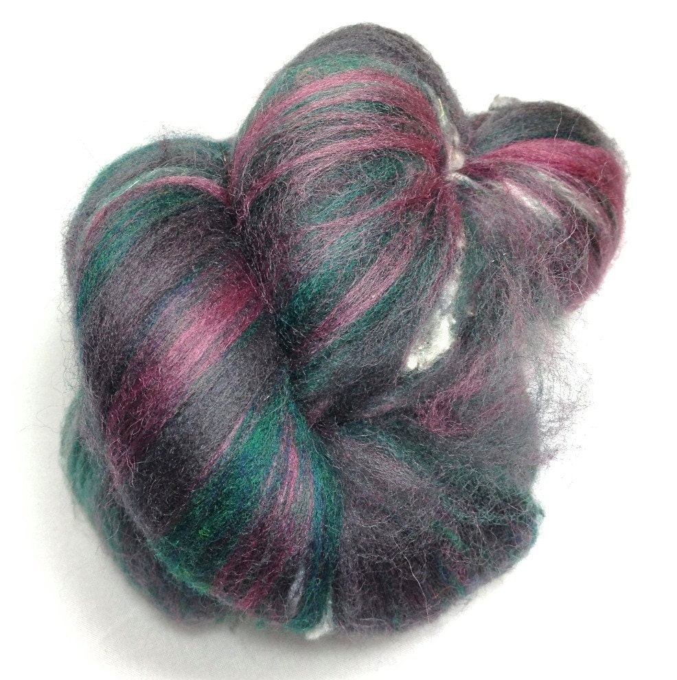 64g, 2.25oz Smooth Chunky Art Batt, Merino, Silk Noil, Grey Purple Green