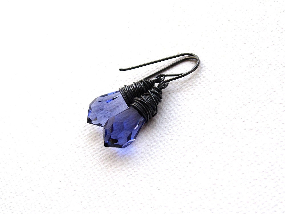 Tanzanite crystal earrings, Wire wrapped briolettes Oxidized sterling silver