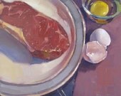 Kitchen art oil painting "Steak and Eggs no.2" by Sarah Sedwick