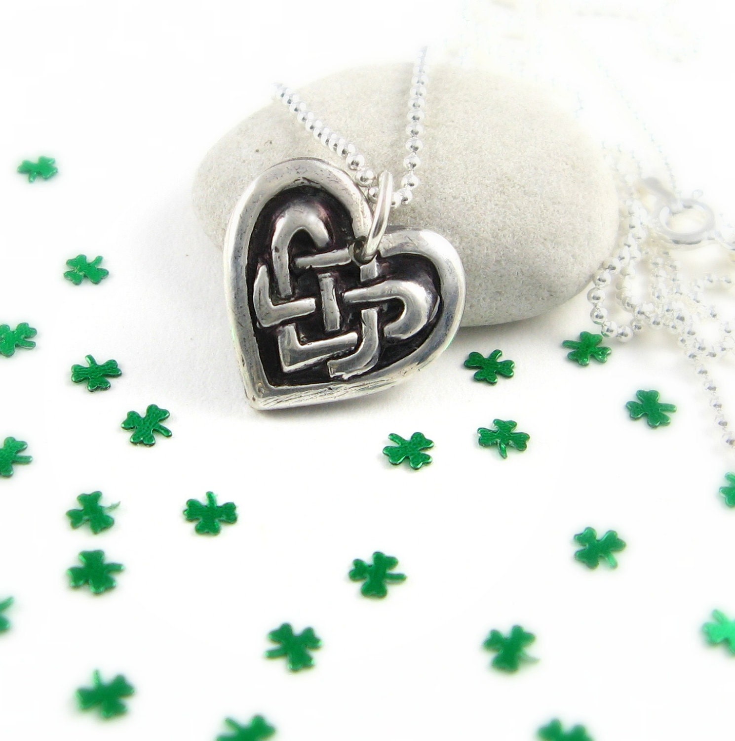 Silver Celtic Knot Necklace Silver Heart Necklace Silver St. Patrick's Day Necklace Luck Of The Irish NecklacePMC Fine Silver Rustic