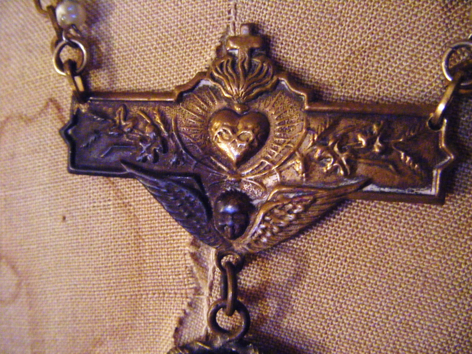 Sacred heart necklace religious celluloid repousse cherubs rosary faux baroque pearls vintage assemblage