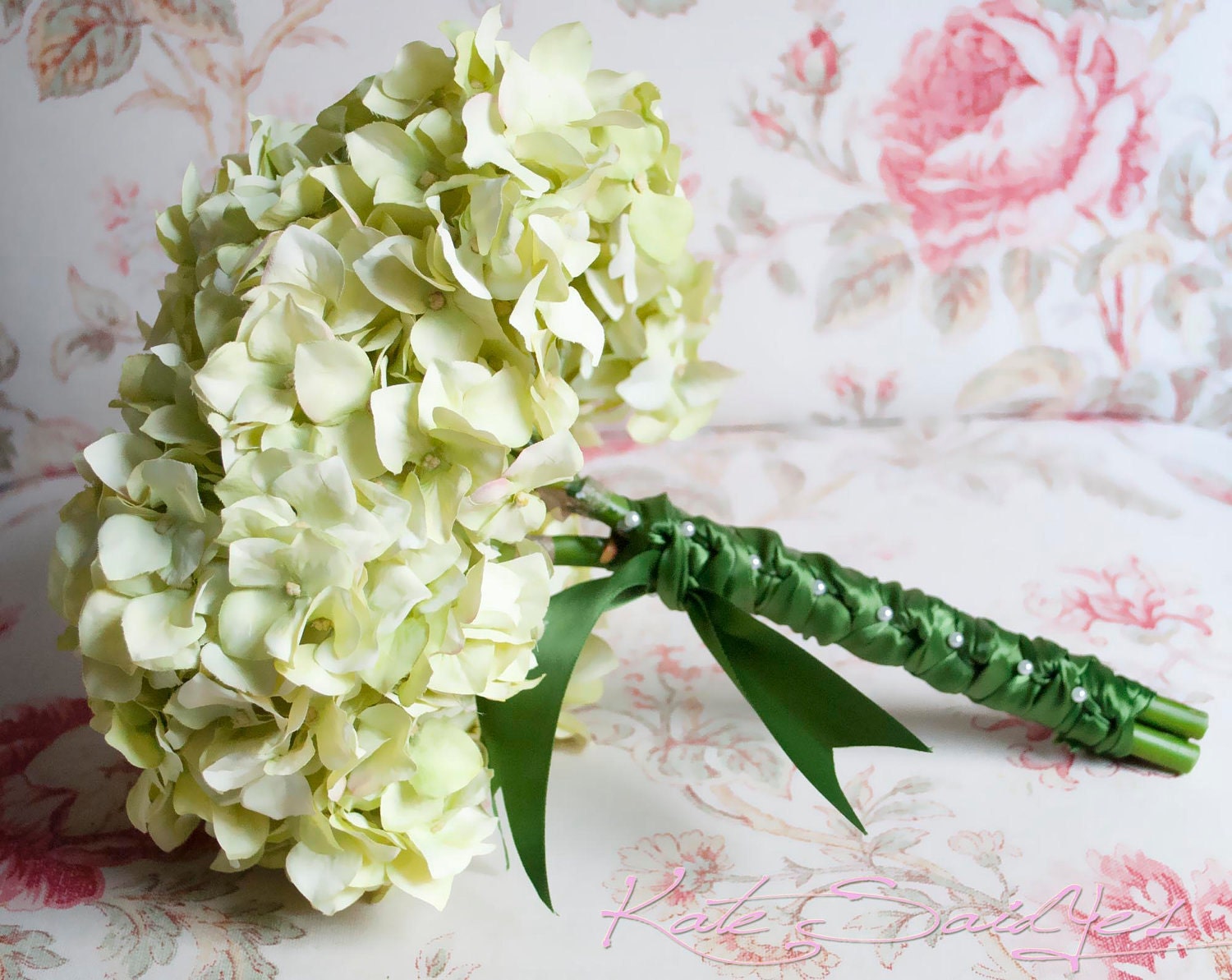 Light Green Hydrangea Wedding Bouquet - Hand Tied Silk Bridal Bouquet