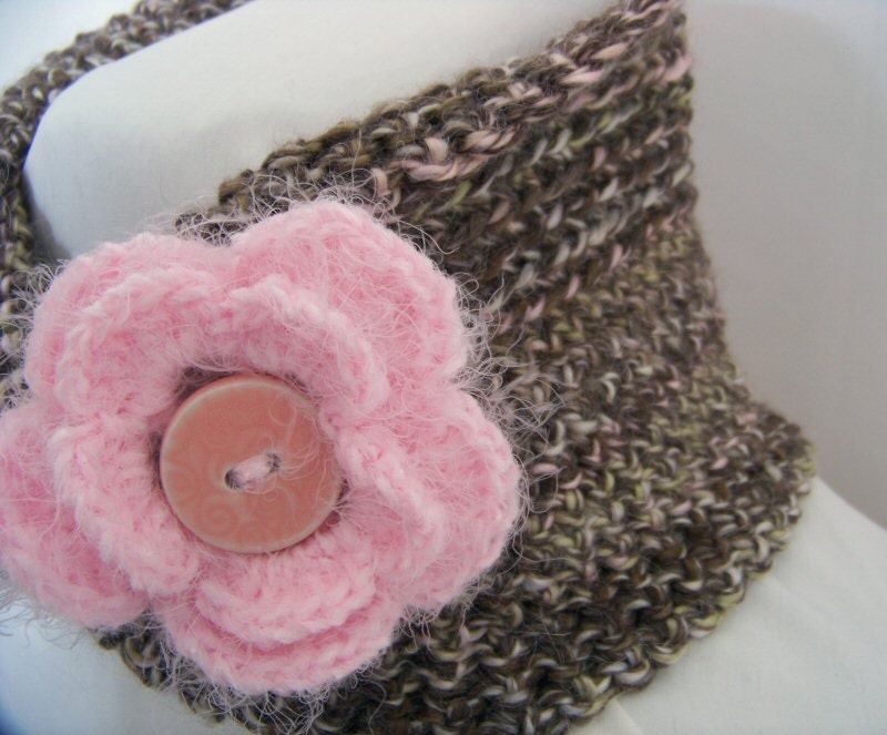 Dark Chocolate Infinity Scarf - Alpaca Blend Neck Warmer with Pink Flower - WrensNestCreations