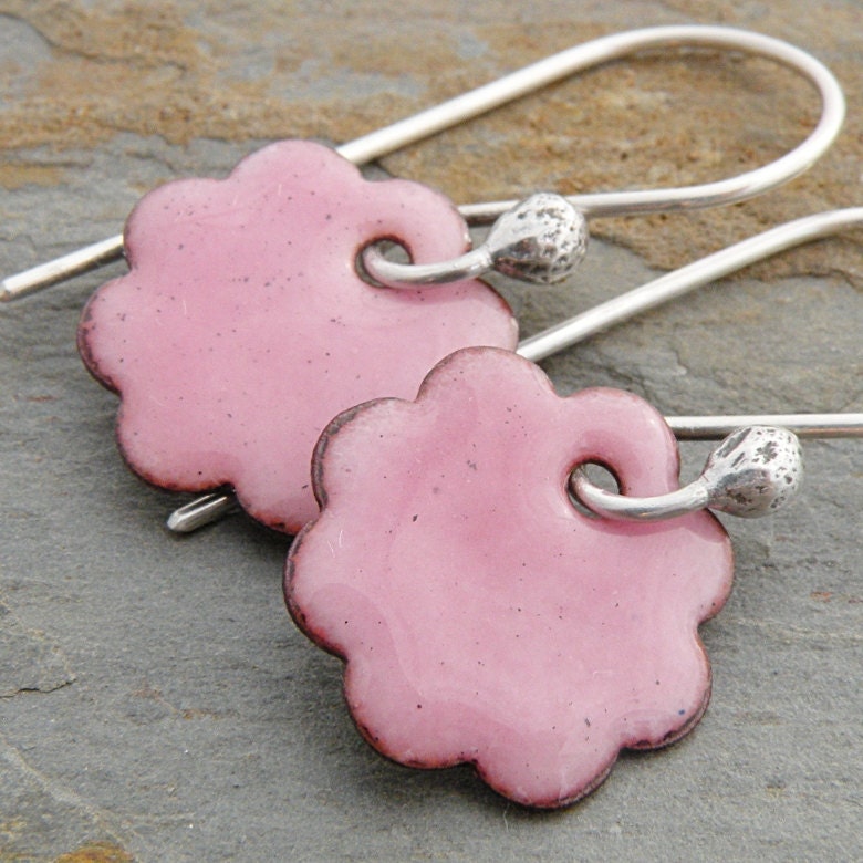 Pale Pink Earrings, Flowers, Enameled Copper, Sterling Silver, Torch Fired