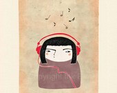 I Love Music art print. Whimsical cute character for room decor. Wall decor. Nursery print. Music notes, character with headphones
