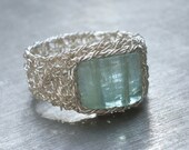 Aquamarine Ring Fine Silver Wire Crochet Ring