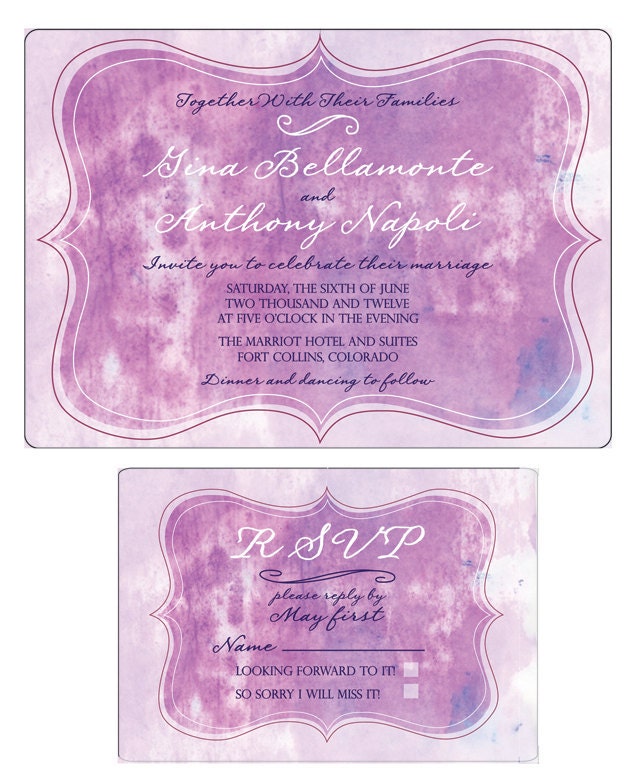 Purple Watercolor Painted Wedding Invitation, hand made artistic, customizable colors