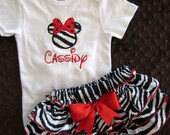 Sassy Pants Ruffle Diaper Cover and Bodysuit or T shirt Appliqued Minnie Mouse Zebra with Red Black Polka Dots