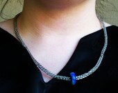 UNISEX -Silver Colored Copper 21 Inch Viking Knit Necklace with Handmade Blue Glass Bead - Single Weave with Five Loops