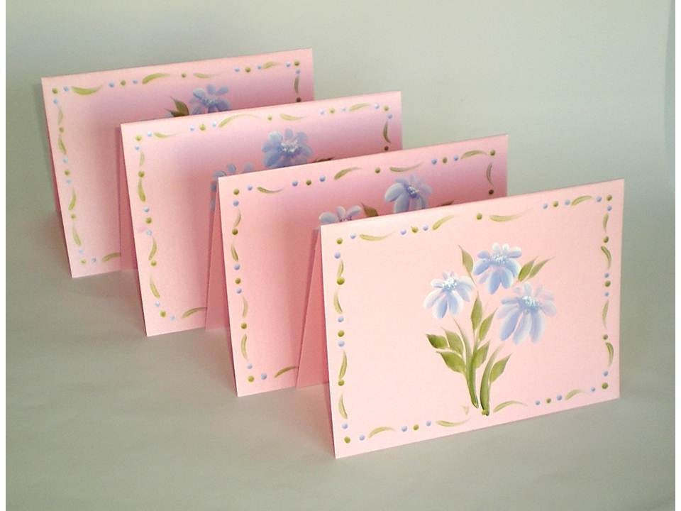Hand Painted Note Cards, Matching Envs - Rose Pearl with Hand Painted Blue Daisies, Whimsical Border Set of 4 - Stationery Stationary