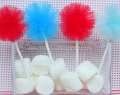 Turquoise and Red Tulle Pom Cupcake Toppers (white sticks) Il_170x135