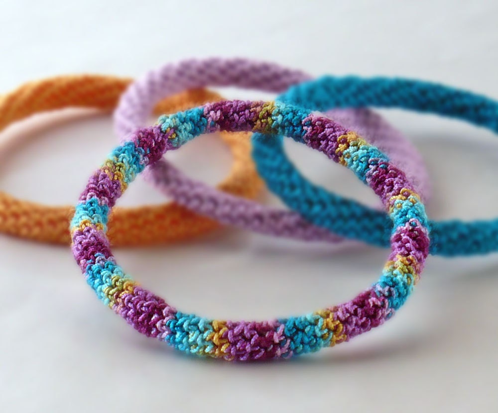 Crochet Bracelet Shabby Chic Bangle Fine Thread Icord Teal Purple Light Orange Berry
