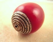 HUGE, Red Resin Bead,  Silver Capped, Red Ethnic Resin Bead, Made In Nepal, with Dimple