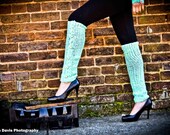 Crochet leg warmers with shell edging  in aqua accented with pearl buttons