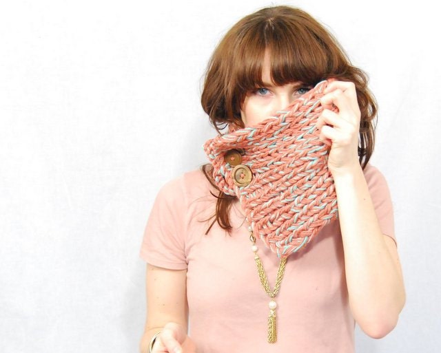 Button Cowl Scarf, Knit, Salmon Pink - pipandpin