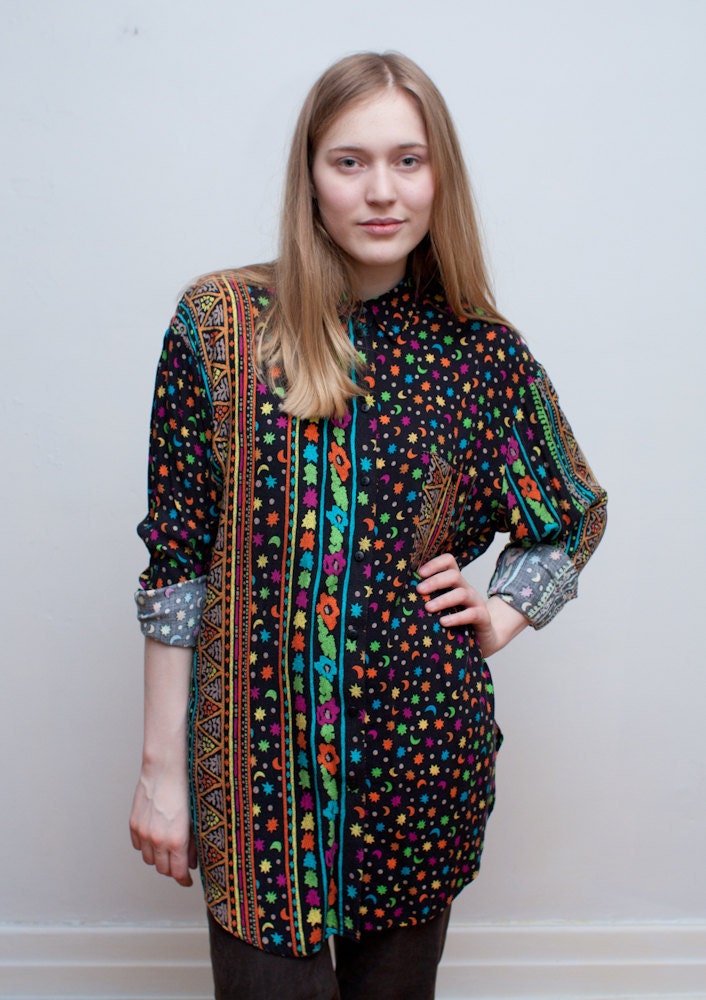 vintage oversized blouse / COSMIC print rayon shirt / L