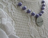 Flowergirl necklace purple lavender glass pearls handstamped charm