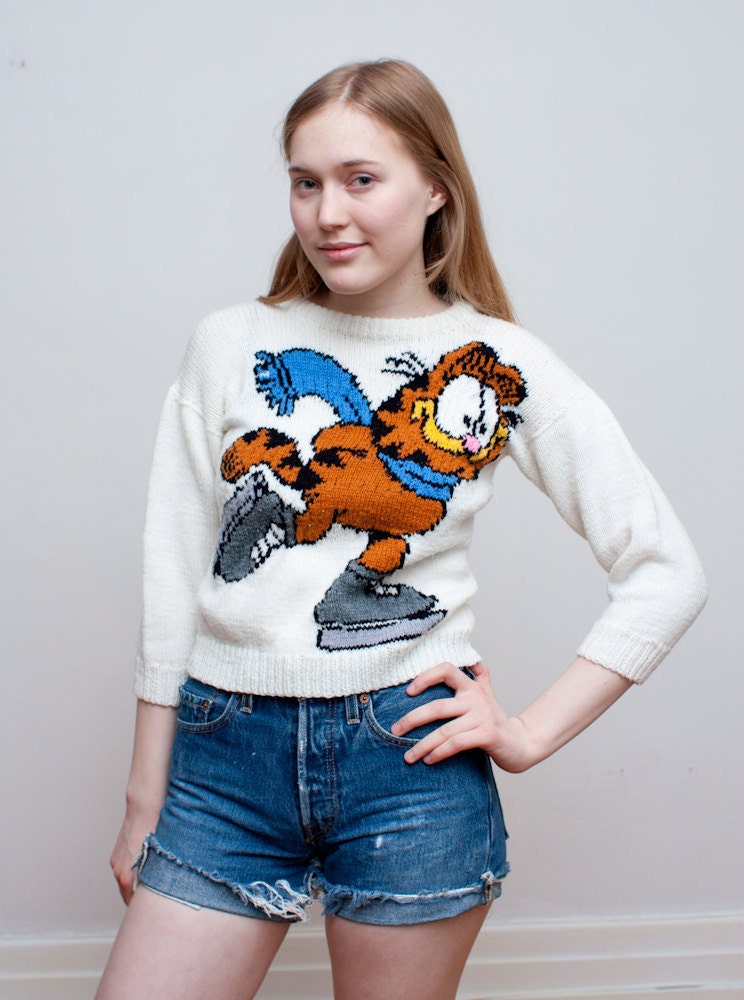 vintage GARFIELD sweater / novelty knit crop sweater / S