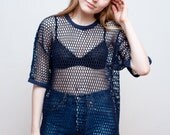 vintage OPEN NET top / oversize navy net top / L