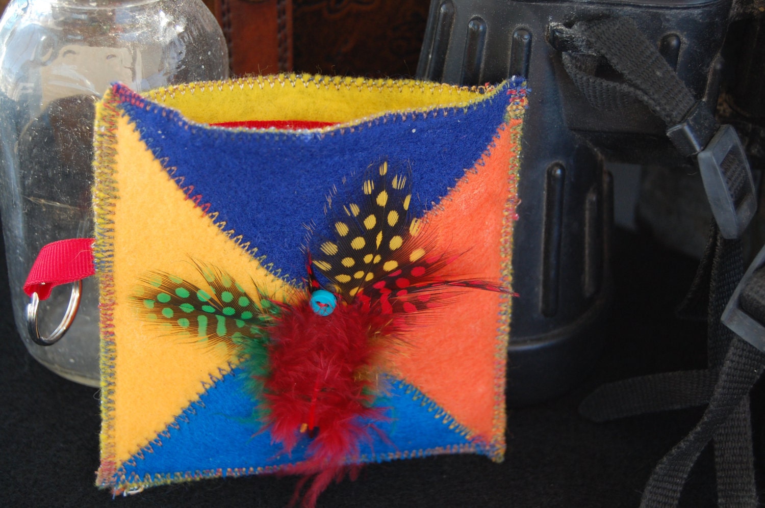Southwestern Native American Inspired Eco-Friendly  Multicolor Felt Feathers Pouch With Key Fob