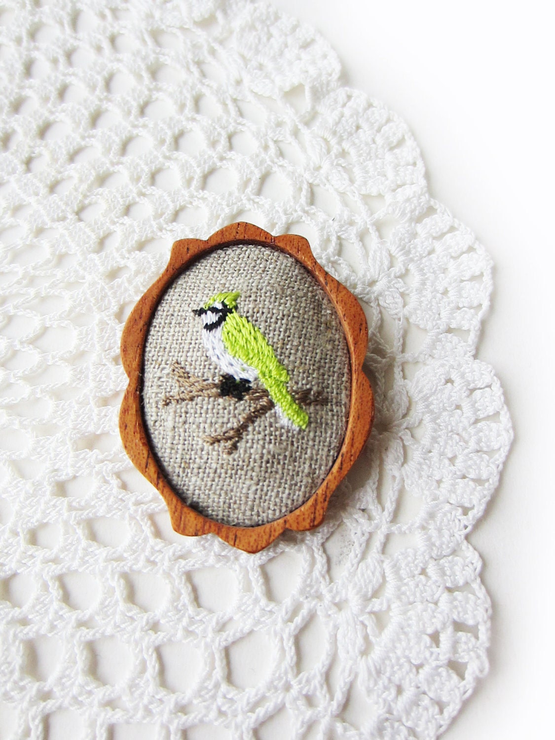 wooden brooch lime green bird embroidery pin wood setting