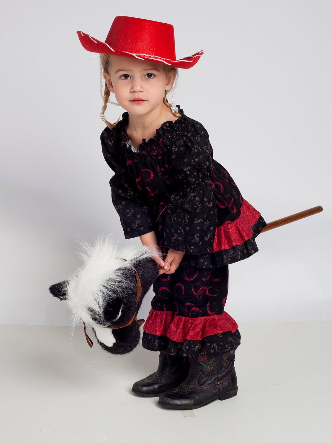 Girls - western -peasant top - ruffle pants - western - red - black -