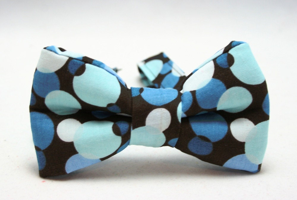Bow tie - Brown with  Blue Polka Dots- Adjustable Neck Strap- Babies - Adults