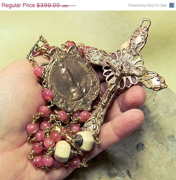 ON SALE Pink Rhodochrosite Rosary Bronze Custom Unique  OOAK Catholic by HeartFelt Rosaries