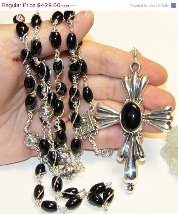 ON SALE Sterling Silver Black Rosary Catholic Handmade Wire Wrap Custom by HeartFelt Rosaries