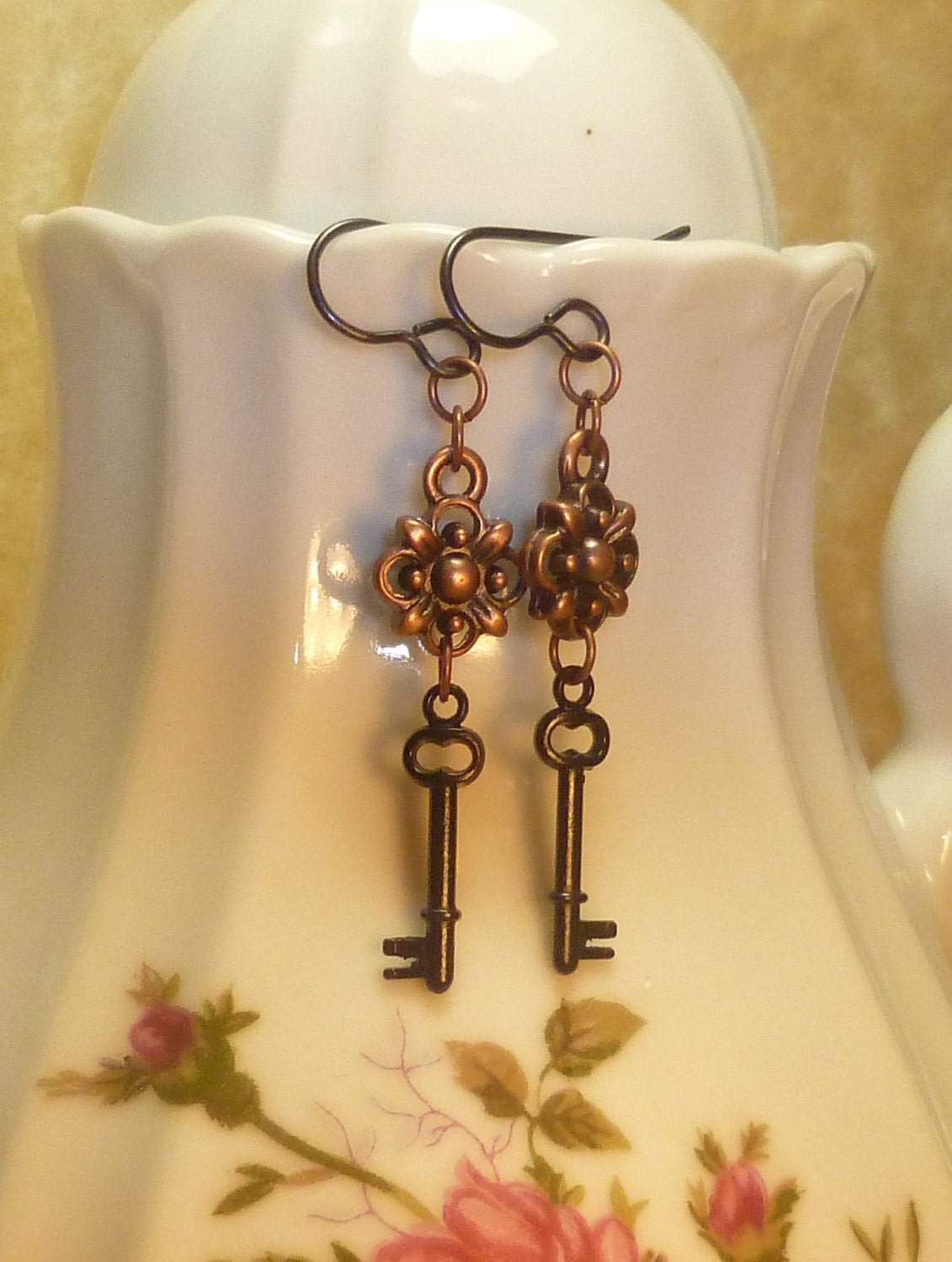 Steampunk earrings antique key with copper filigree E013