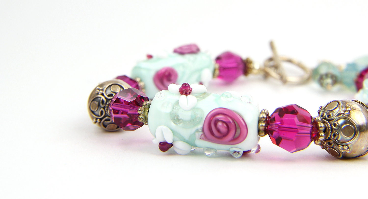 Mothers Day,Gift,  Mint, Fuchsia, Sterling Silver and Lampwork Bracelet: A Day in Amsterdam
