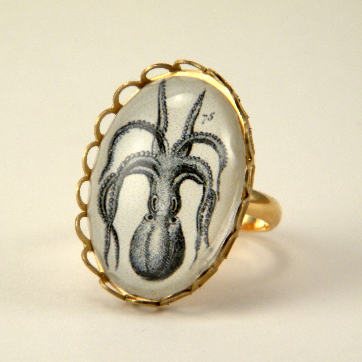 Petite I'm All Arms- vintage inspired nautical octopus engraving brass cameo cocktail ring