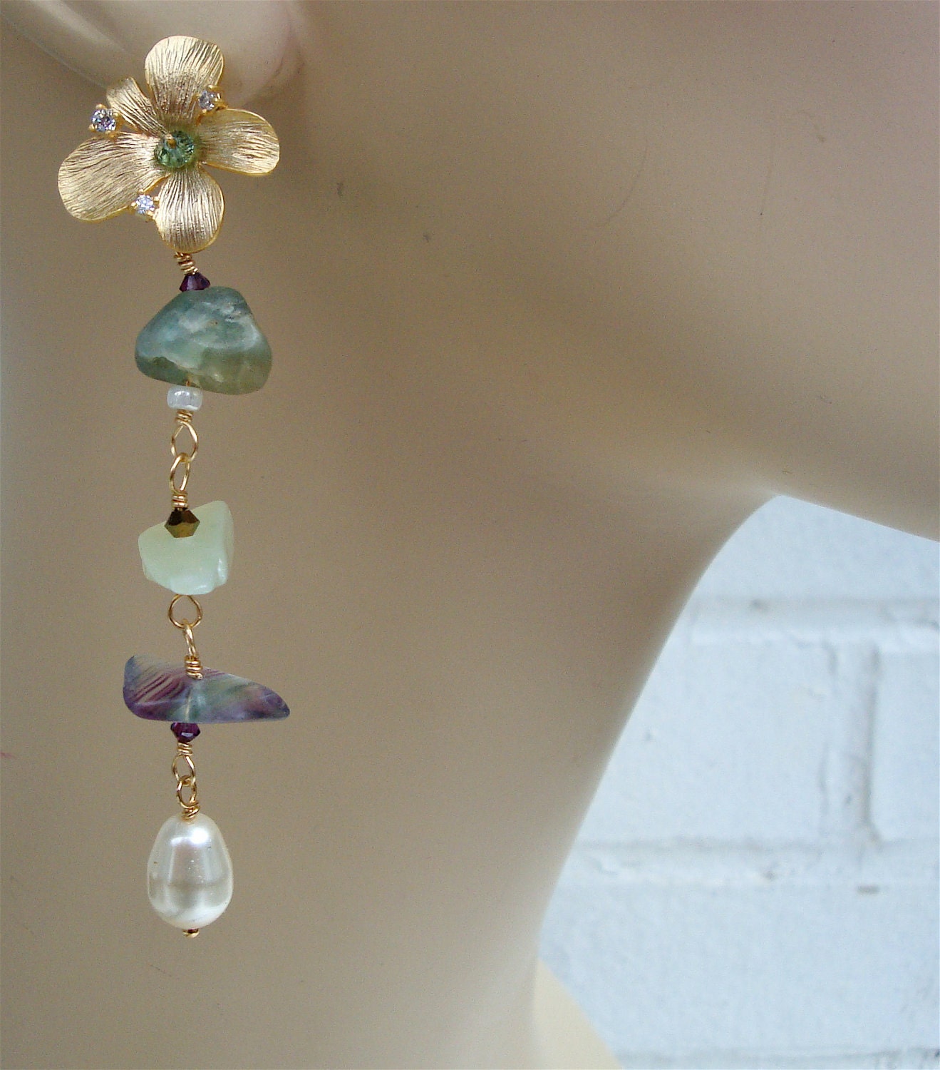 Natural gemstone drop earring consisting of Rainbow Flourite, Swarovski Pearl  and Green Sertentine with tiny swarovski crystal