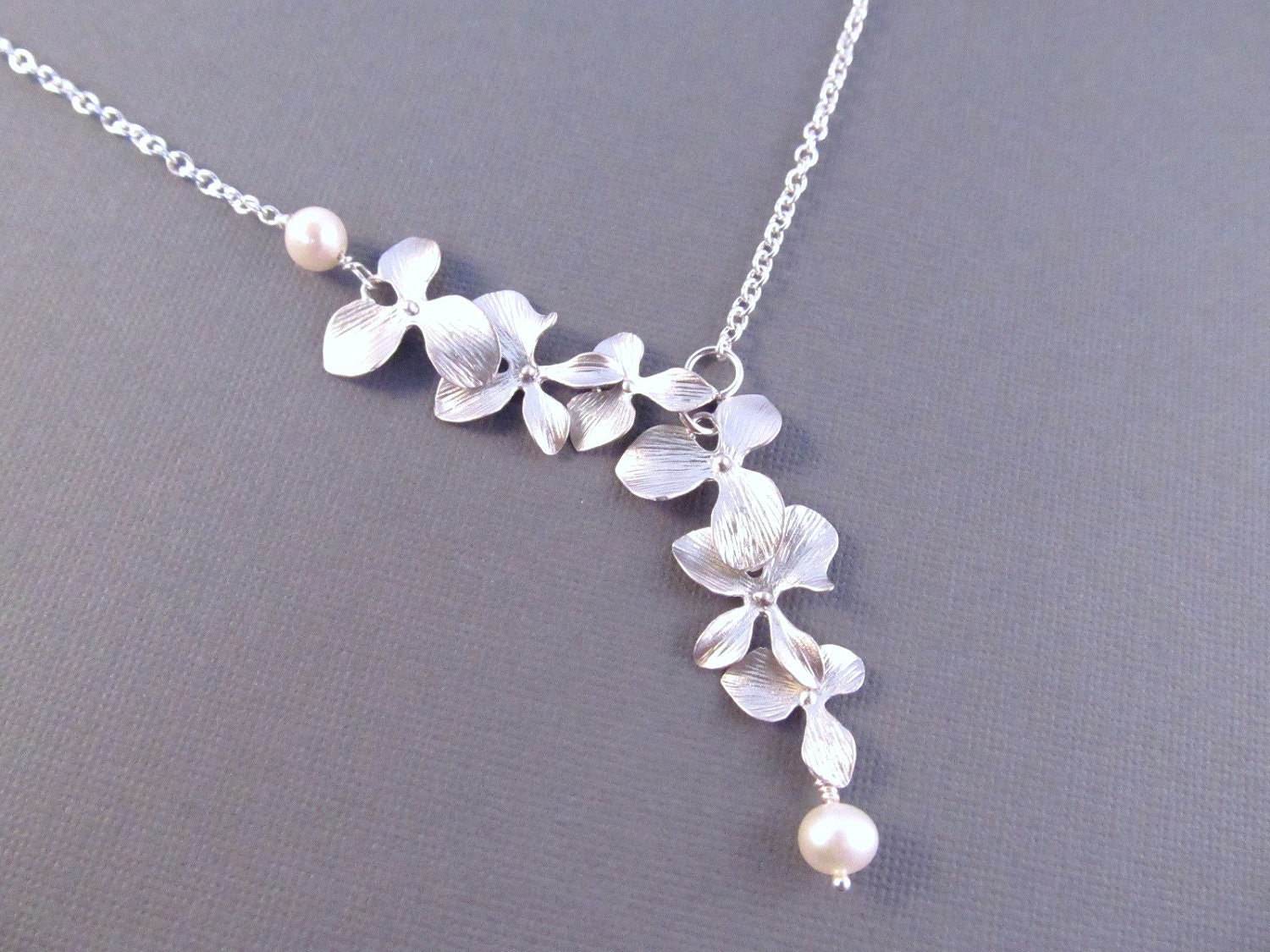 Flower Necklace -- Silver Orchids with Freshwater Pearls -- Grace