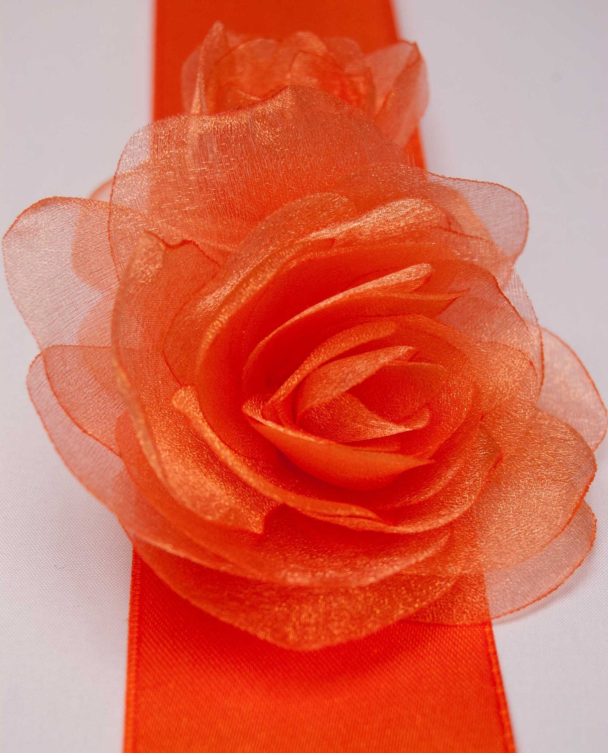 Orange bridal dress sash belt, tangerine sash with two organza roses flowers