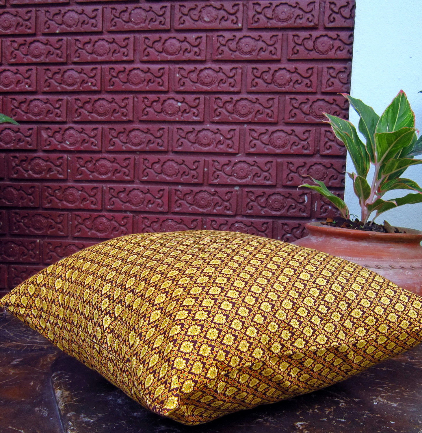 2 Mustard yellow and Chocolate brown Thai Painting sofa Throw decorative pillow cushion covers 20 inches