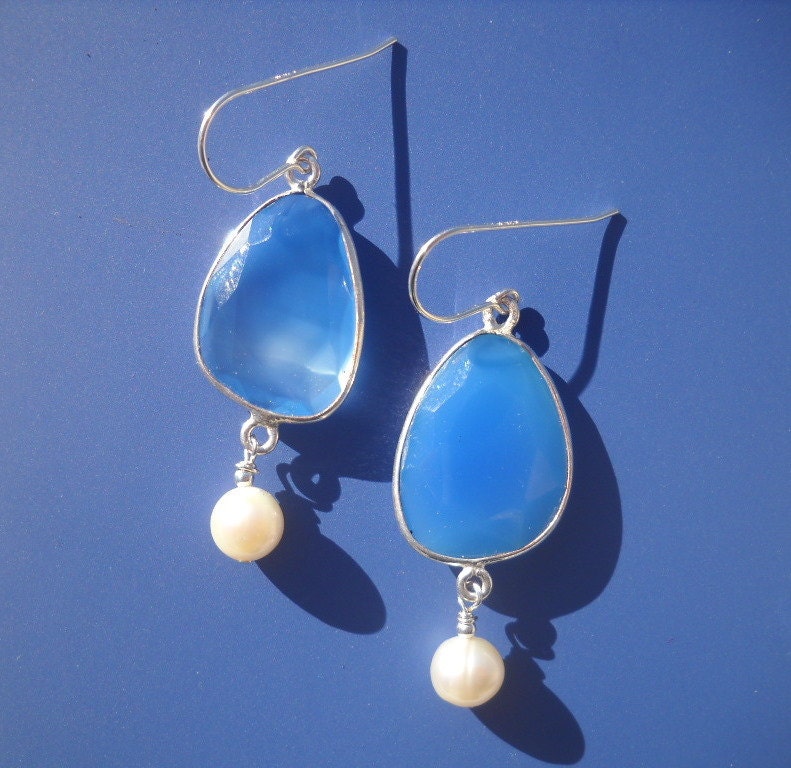 Bezel Set Sterling Silver Earrings - Faceted Chalcedony and Fresh Water Pearls