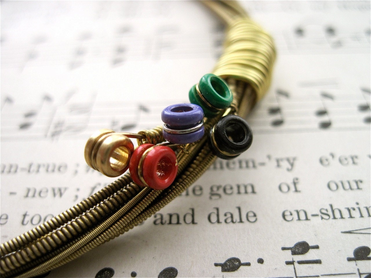 Recycled Acoustic Guitar String Bracelet gold colored with colored ball ends attached Unisex EXTRA SMALL free shipping to US