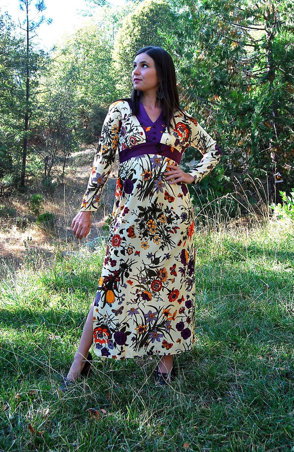 Vintage Butterfly Botanica Dress, 70s Empire Waist Floral Maxi Gown