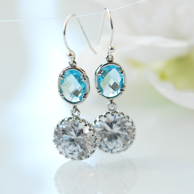 Blue earrings for wedding - Blue bridal earrings in silver- Affordable bridal jewelry - Crystal and Cubic zirconia