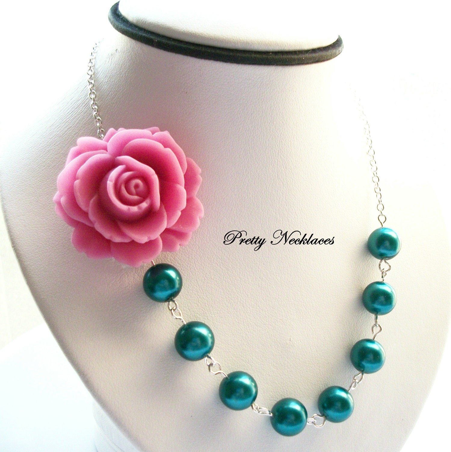 Flower Necklace, Teal Necklace, Pearl Jewelry, Bridesmaid Necklace, Bridal Jewelry, Bridesmaid Jewelry, Wedding Jewelry, Summer Necklace - PrettyNecklaces