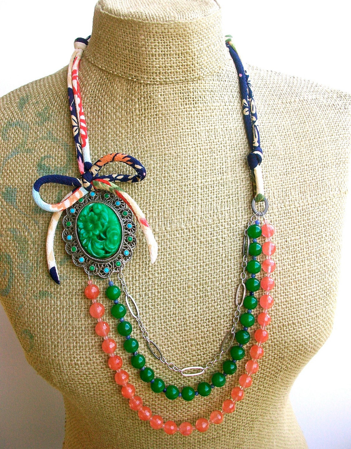 Peking Glass Carnival- necklace and earring set with vintage Peking Glass repurposed brooch, and dyed Agate and Jade
